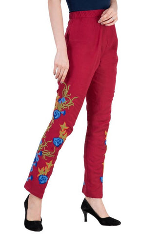 Red Embroidered Cotton trouser For Women's